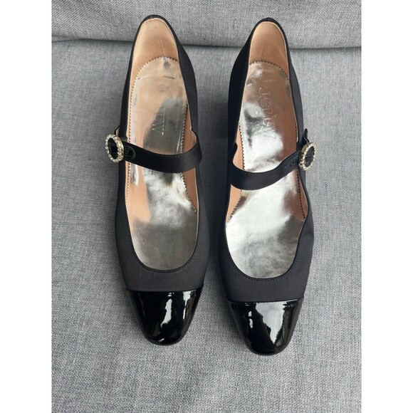 J Crew Black Mary Jane Block Heels Rhinestone Buckle Patent Cap Toe Shoes Size 8 - Picture 2 of 8